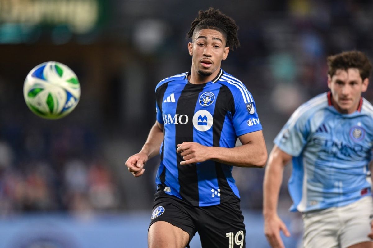 May 10, 2025; New York, New York, USA; CF Montréal midfielder Nathan Saliba (19) pursues the ball during the first half against New York City at Yankee Stadium. Mandatory Credit: John Jones-Imagn Images