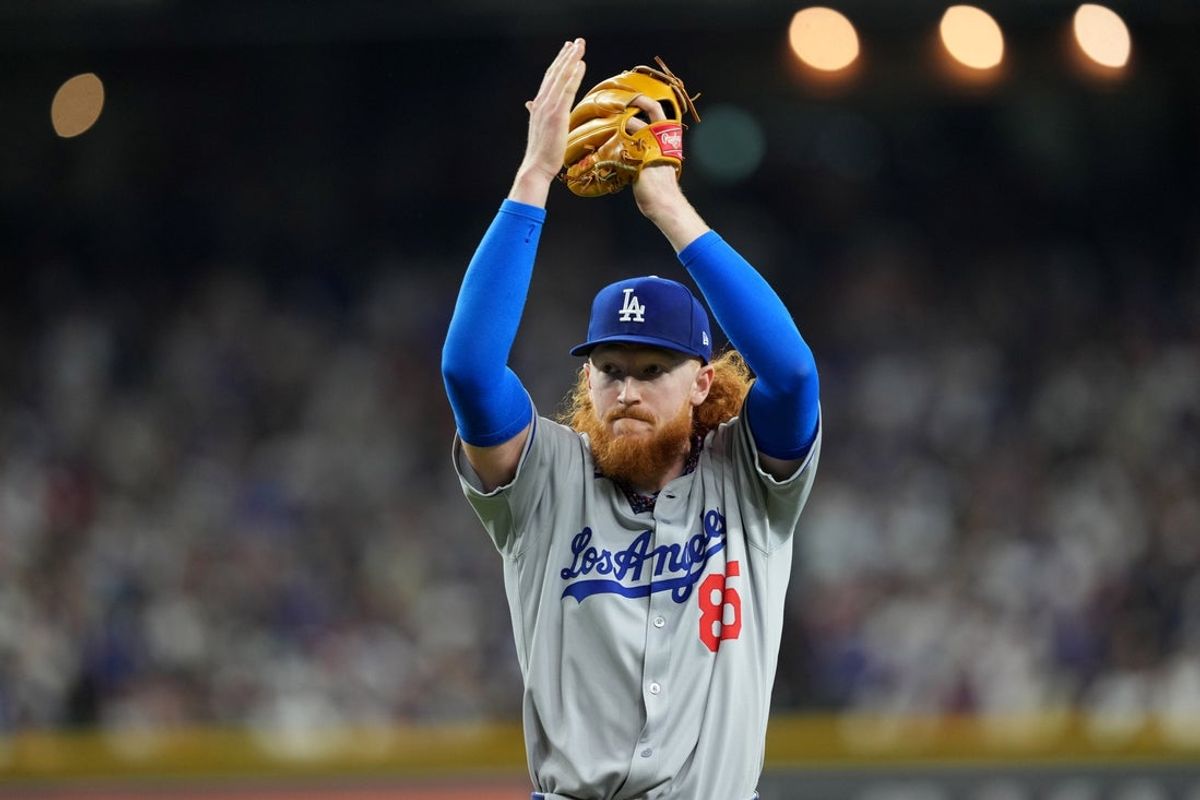 May 10, 2025; Phoenix, Arizona, USA; Los Angeles Dodgers pitcher Dustin May (85) reacts after an out against the Arizona Diamondbacks during the second inning at Chase Field. Mandatory Credit: Joe Camporeale-Imagn Images