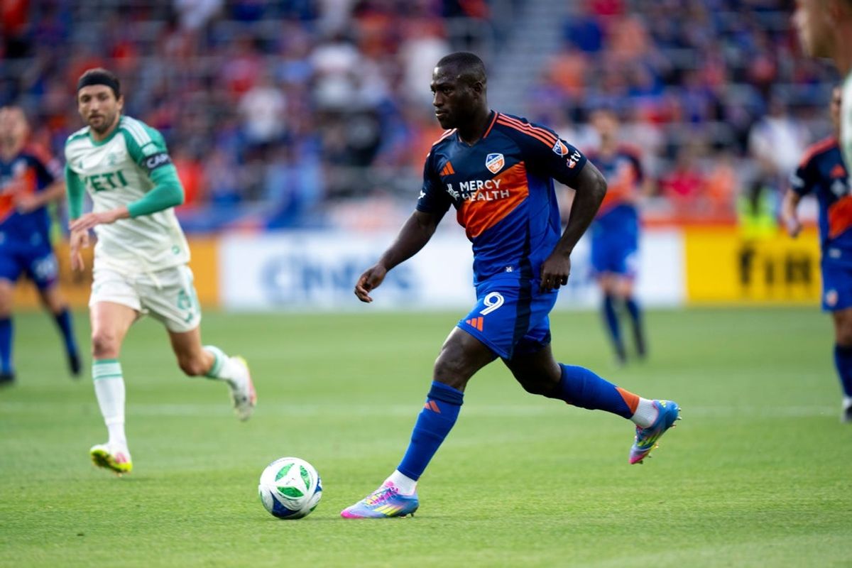 FC Cincinnati forward Kevin Denkey (9) handles the ball in the first half of the MLS match at TQL Stadium in Cincinnati on Saturday, May 10, 2025.