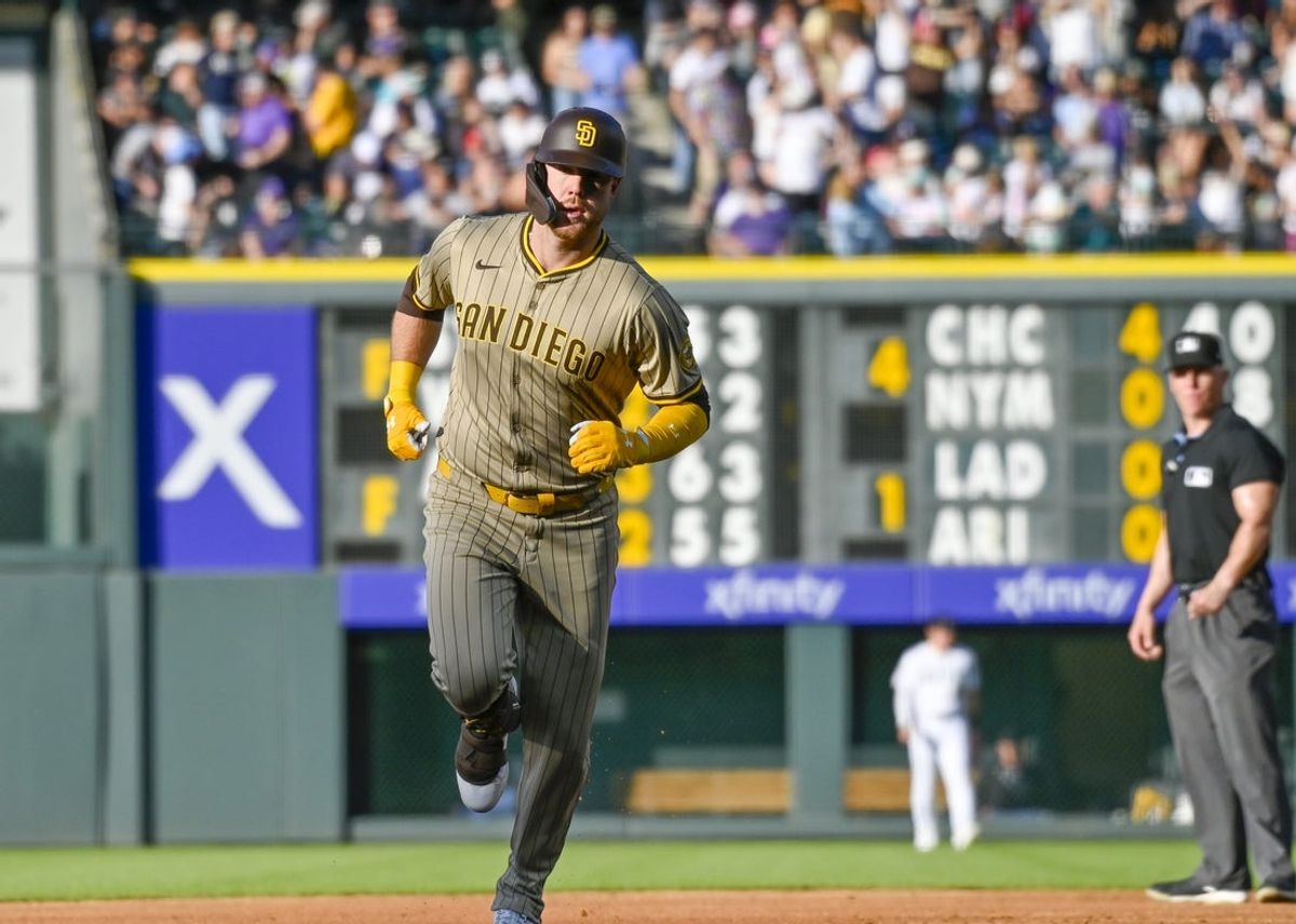 May 10, 2025; Denver, Colorado, USA; San Diego Padres first base Gavin Sheets (30) rounds the bases after his home run in the first inning agains the Colorado Rockies at Coors Field. Mandatory Credit: John Leyba-Imagn Images