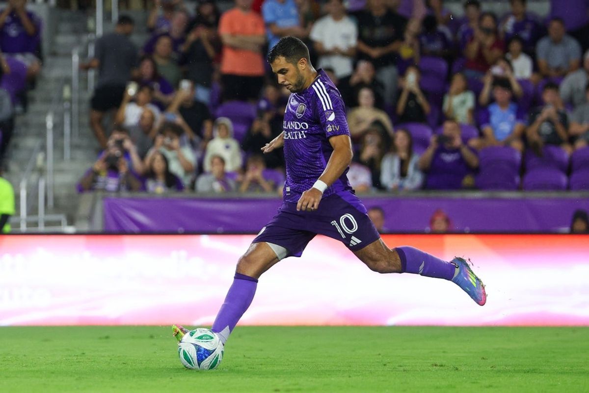 May 10, 2025; Orlando, Florida, USA; Orlando City midfielder Martin Ojeda (10) scores on a penalty kick against the New England Revolution in the second half at Inter&Co Stadium. Mandatory Credit: Nathan Ray Seebeck-Imagn Images
