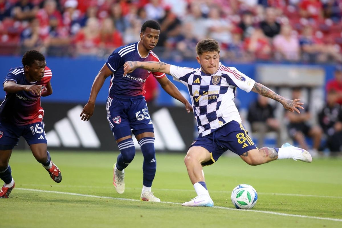 May 10, 2025; Frisco, Texas, USA; Real Salt Lake midfielder Diego Luna (8) scores a goal against Dallas during the first half at Toyota Stadium. Mandatory Credit: Tim Heitman-Imagn Images