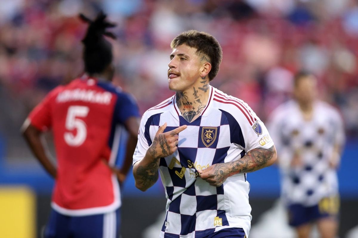 May 10, 2025; Frisco, Texas, USA; Real Salt Lake midfielder Diego Luna (8) celebrates scoring a goal against FC Dallas during the first half at Toyota Stadium. Mandatory Credit: Tim Heitman-Imagn Images