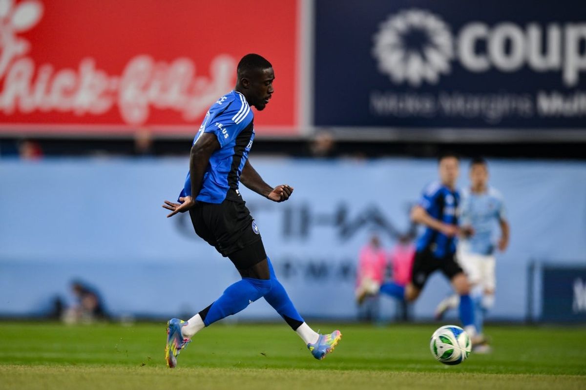 May 10, 2025; New York, New York, USA; CF Montréal forward Prince Osei Owusu (9) takes a shot against New York City during the first half at Yankee Stadium. Mandatory Credit: John Jones-Imagn Images