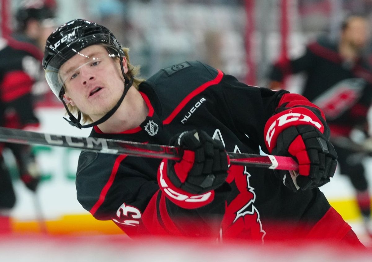 May 10, 2025; Raleigh, North Carolina, USA; Carolina Hurricanes right wing Jackson Blake (53) watches his shot during the warmups before the game against the Washington Capitals in game three of the second round of the 2025 Stanley Cup Playoffs at Lenovo Center. Mandatory Credit: James Guillory-Imagn Images