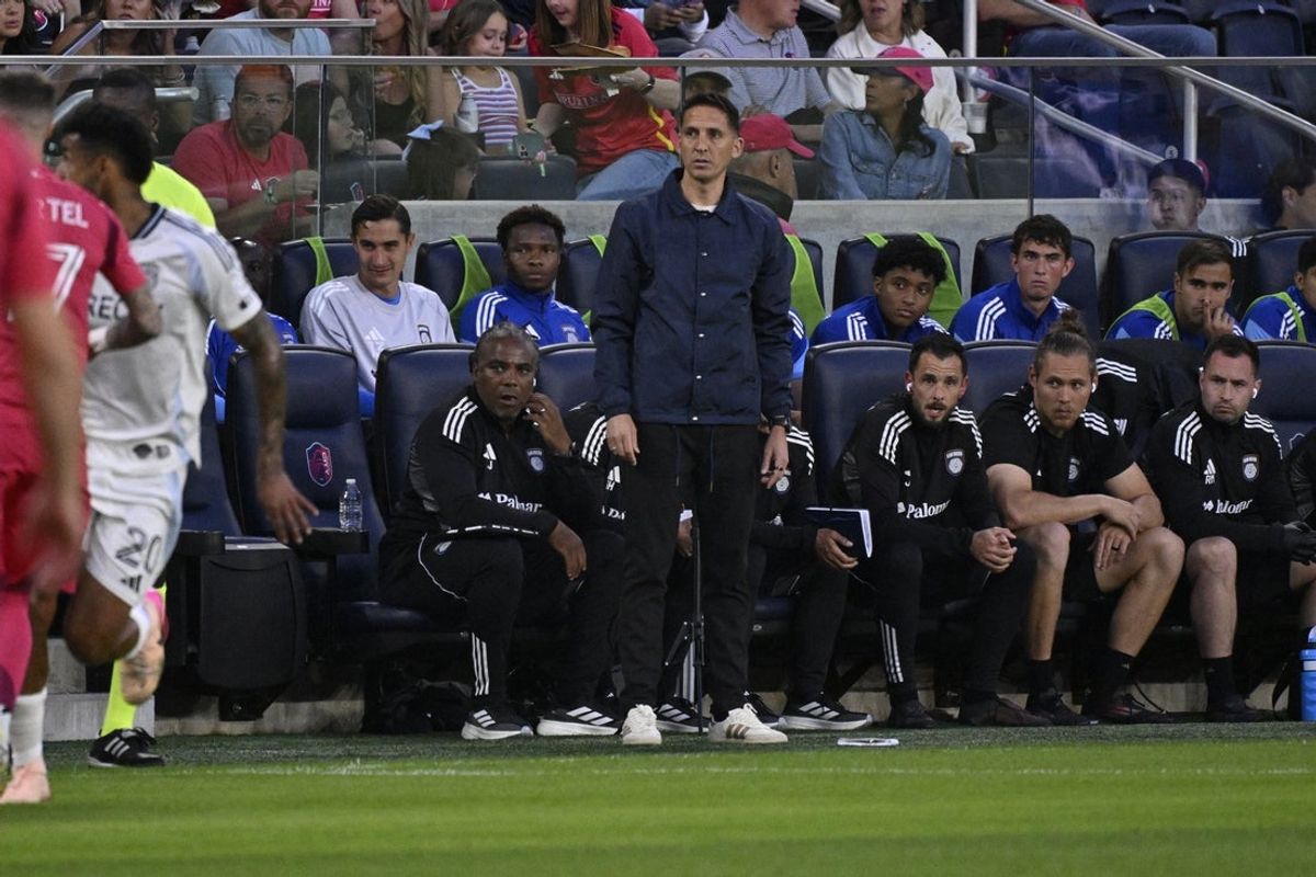 May 10, 2025; St. Louis, Missouri, USA; San Diego FC head coach Mikey Varas watches his teams match against St. Louis CITY SC in the first half at Energizer Park. Mandatory Credit: Joe Puetz-Imagn Images
