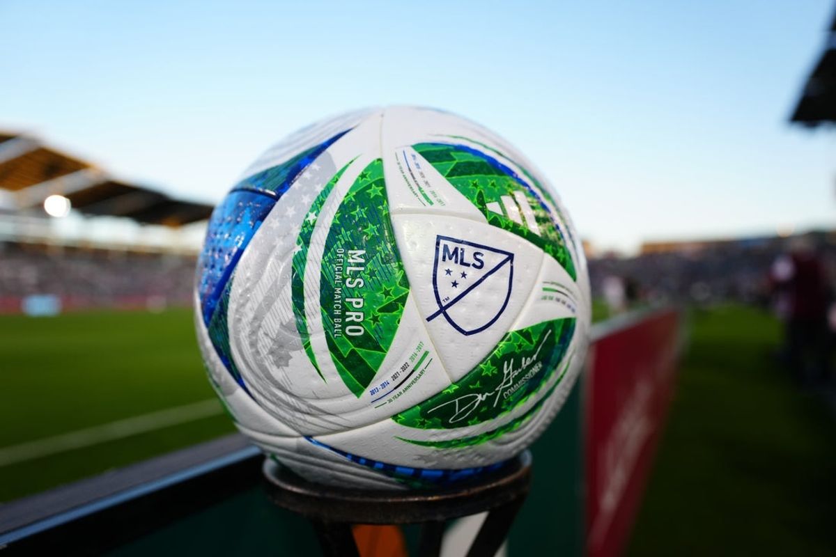 May 10, 2025; Commerce City, Colorado, USA; General view of a match MLS Adidas soccer ball during the match between the San Jose Earthquakes against the Colorado Rapids at Dick's Sporting Goods Park. Mandatory Credit: Ron Chenoy-Imagn Images