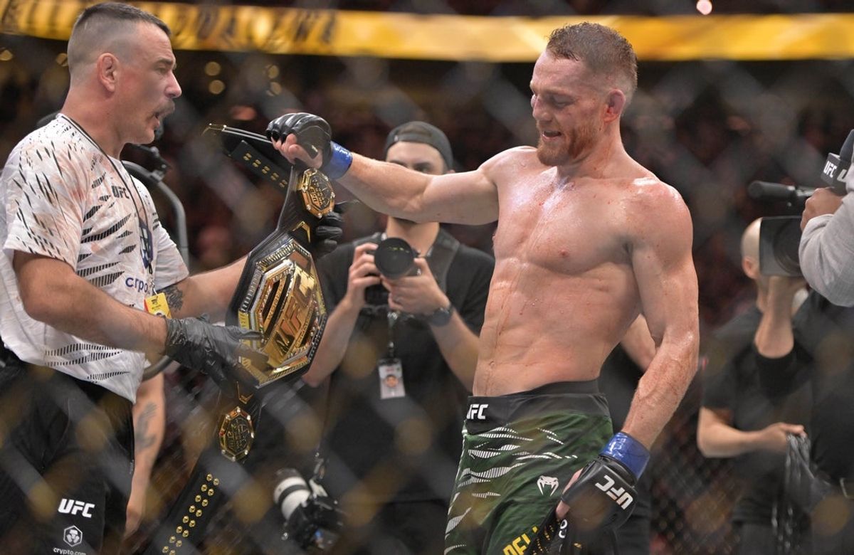 May 10, 2025; Montreal, Quebec, CANADA; Jack Della Maddalena (blue gloves) reacts after defeating Belal Muhammad (not pictured) for the Welterweight Title during UFC 315 at Bell Centre. Mandatory Credit: Eric Bolte-Imagn Images