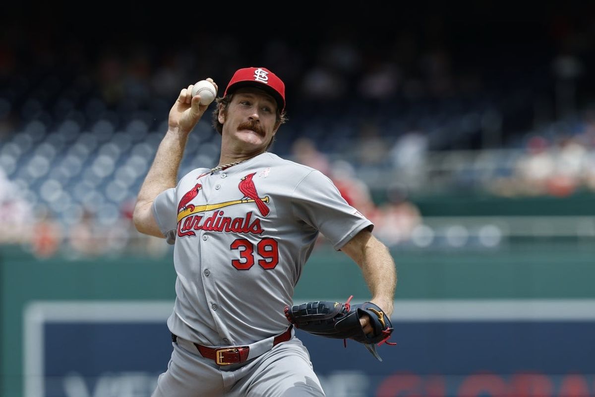 May 11, 2025; Washington, District of Columbia, USA; St. Louis Cardinals pitcher Miles Mikolas (39) pitches against the Washington Nationals during the first inning at Nationals Park. Mandatory Credit: Geoff Burke-Imagn Images