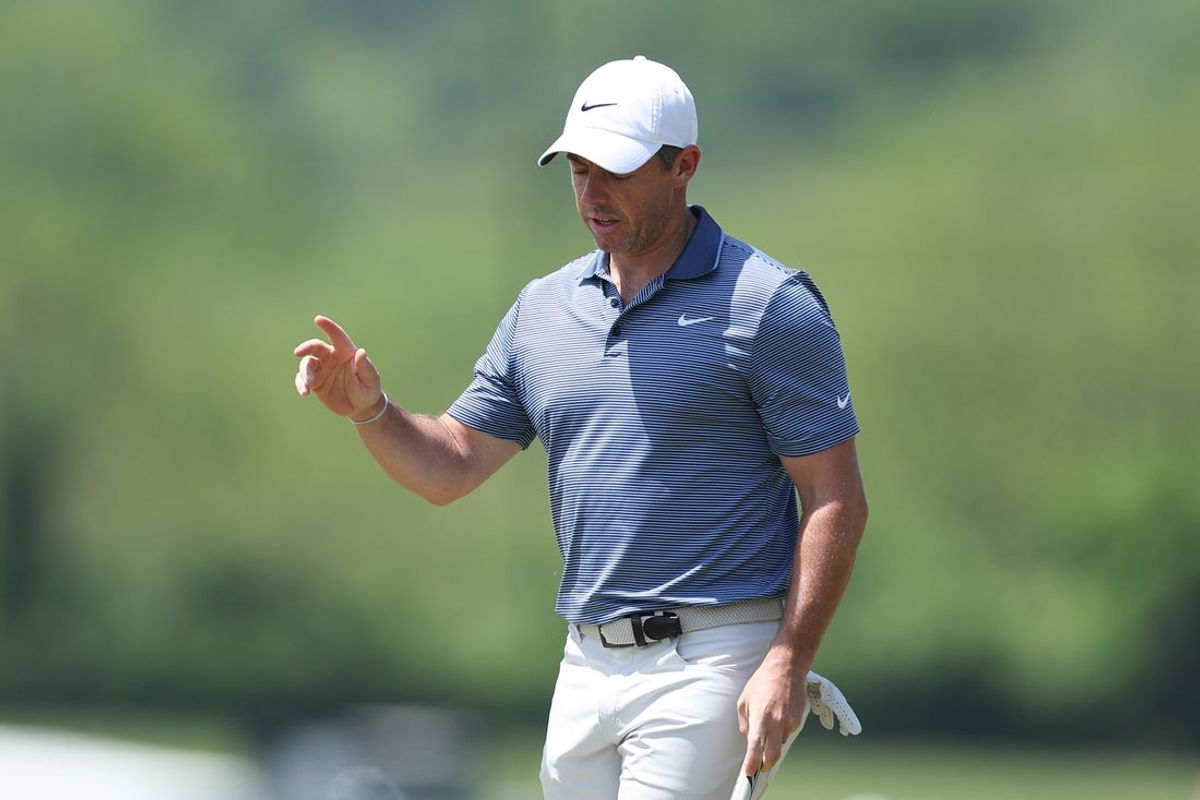 May 11, 2025; Philadelphia, Pennsylvania, USA; Rory McIlroy reacts after his birdie on the first hole during the final round of the Truist Championship golf tournament. Mandatory Credit: Bill Streicher-Imagn Images