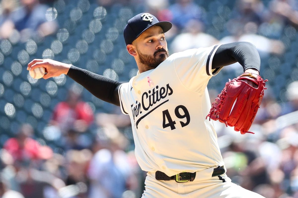 May 11, 2025; Minneapolis, Minnesota, USA; Minnesota Twins starting pitcher Pablo Lopez (49) delivers a pitch against the San Francisco Giants during the first inning at Target Field. Mandatory Credit: Matt Krohn-Imagn Images