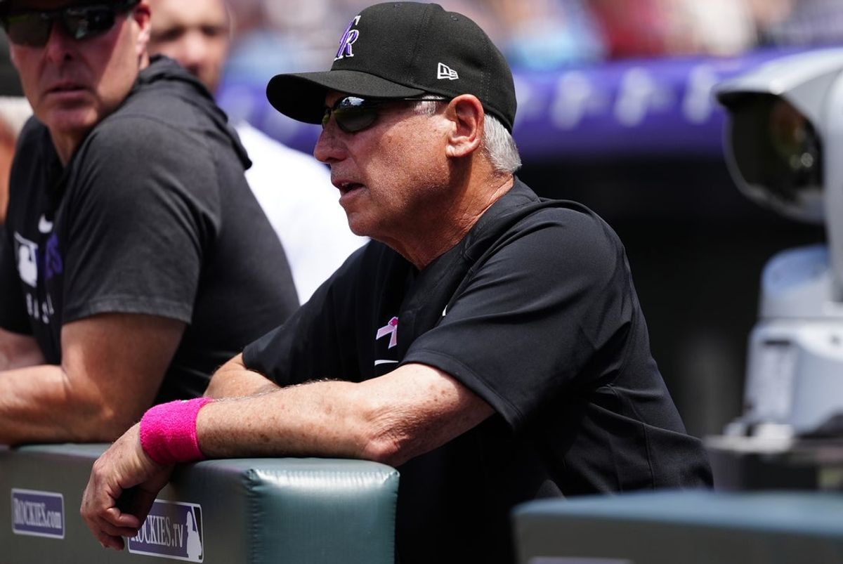 May 11, 2025; Denver, Colorado, USA; Colorado Rockies manager Bud Black (10) during the first inning against the San Diego Padres at Coors Field. Mandatory Credit: Ron Chenoy-Imagn Images