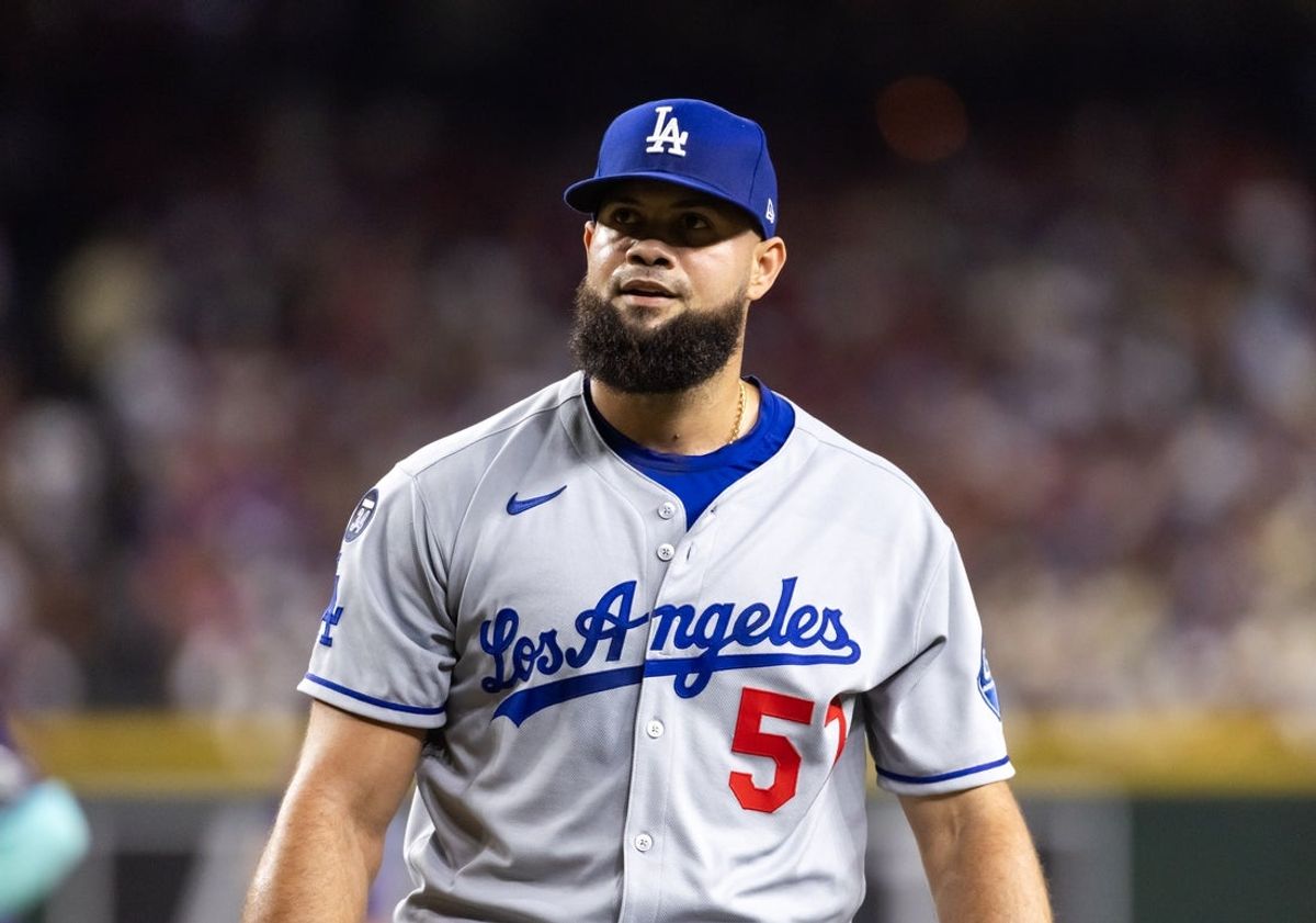 May 9, 2025; Phoenix, Arizona, USA; Los Angeles Dodgers pitcher Luis Garcia against the Arizona Diamondbacks at Chase Field. Mandatory Credit: Mark J. Rebilas-Imagn Images