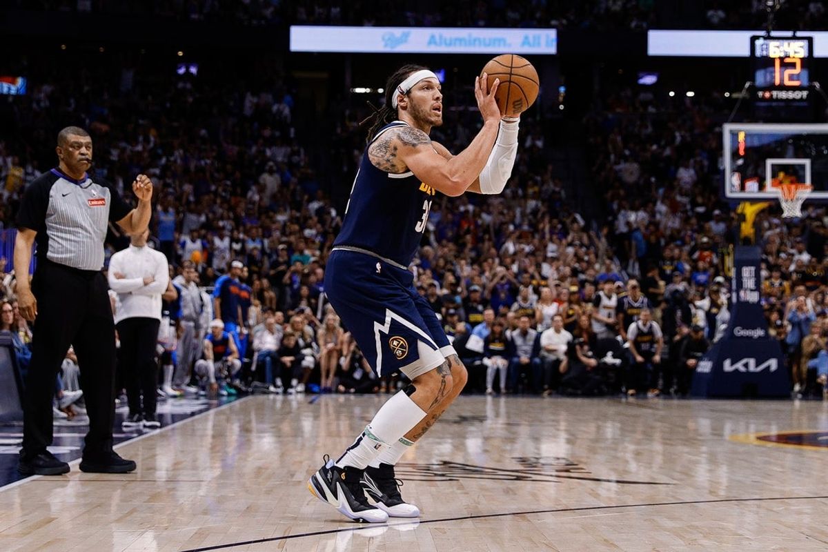 May 11, 2025; Denver, Colorado, USA; Denver Nuggets forward Aaron Gordon (32) attempts a shot in the third quarter against the Oklahoma City Thunder during game four of the second round of the 2025 NBA Playoffs at Ball Arena. Mandatory Credit: Isaiah J. Downing-Imagn Images