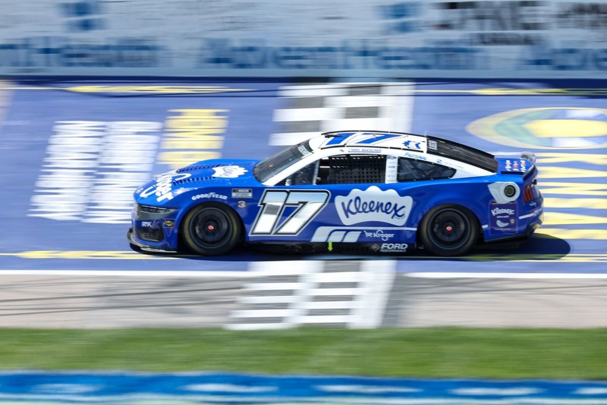 May 11, 2025; Kansas City, Kansas, USA; NASCAR Cup Series driver Chris Buescher (17) races during the AdventHealth 400 at Kansas Speedway. Mandatory Credit: Scott Sewell-Imagn Images