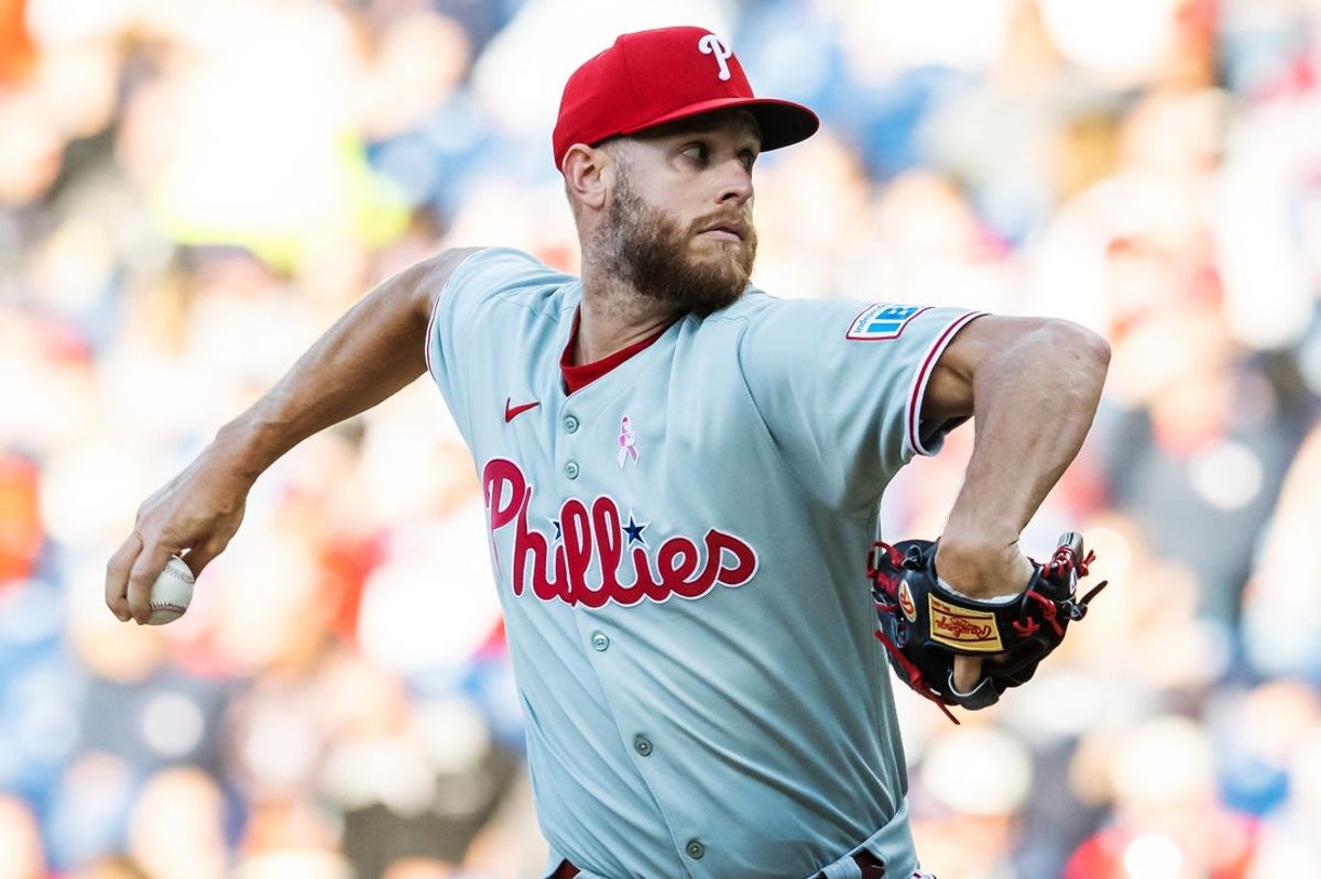 May 11, 2025; Cleveland, Ohio, USA; Philadelphia Phillies starting pitcher Zack Wheeler (45) throws a pitch during the first inning against the Cleveland Guardians at Progressive Field. Mandatory Credit: Ken Blaze-Imagn Images