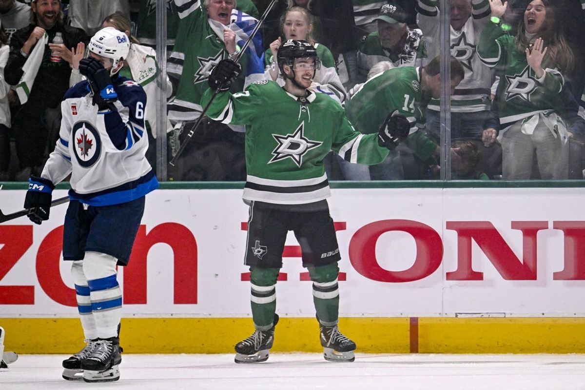 May 11, 2025; Dallas, Texas, USA; Dallas Stars center Wyatt Johnston (53) celebrates after he scores a goal against Winnipeg Jets goaltender Connor Hellebuyck (not pictured) during the third period in game three of the second round of the 2025 Stanley Cup Playoffs at American Airlines Center. Mandatory Credit: Jerome Miron-Imagn Images