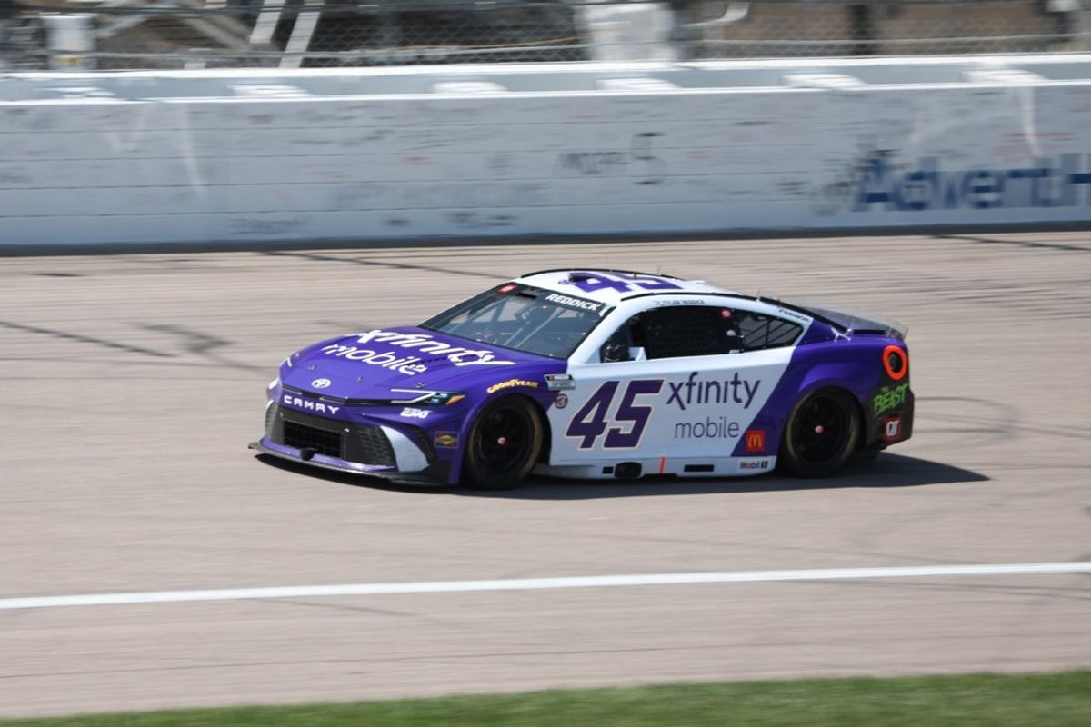 May 11, 2025; Kansas City, Kansas, USA; NASCAR Cup Series driver Tyler Reddick (45) races during the AdventHealth 400 at Kansas Speedway. Mandatory Credit: Scott Sewell-Imagn Images
