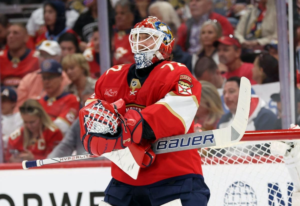 May 11, 2025; Sunrise, Florida, USA; Florida Panthers goaltender Sergei Bobrovsky (72) against the Toronto Maple Leafs during the first period in game four of the second round of the 2025 Stanley Cup Playoffs at Amerant Bank Arena. Mandatory Credit: Kim Klement Neitzel-Imagn Images