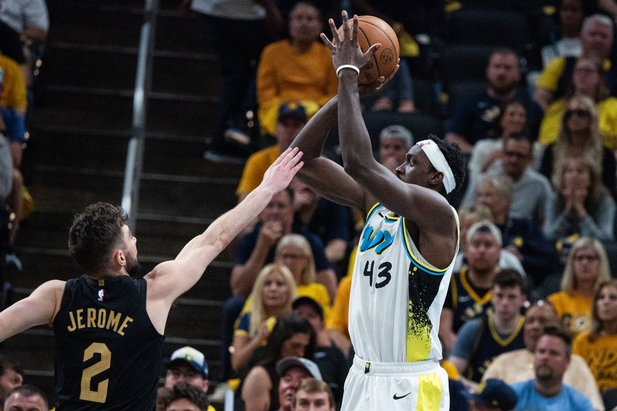 May 11, 2025; Indianapolis, Indiana, USA; Indiana Pacers forward Pascal Siakam (43) shoots the ball while Cleveland Cavaliers guard Ty Jerome (2) defends during game four of the second round for the 2025 NBA Playoffs at Gainbridge Fieldhouse. Mandatory Credit: Trevor Ruszkowski-Imagn Images