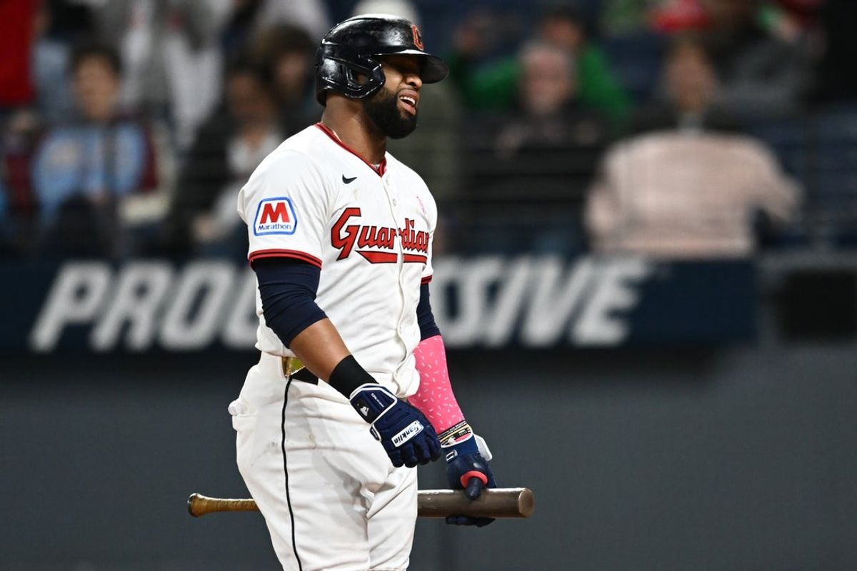 May 11, 2025; Cleveland, Ohio, USA; Cleveland Guardians first baseman Carlos Santana (41) reacts after striking out to end the game against the Philadelphia Phillies at Progressive Field. Mandatory Credit: Ken Blaze-Imagn Images