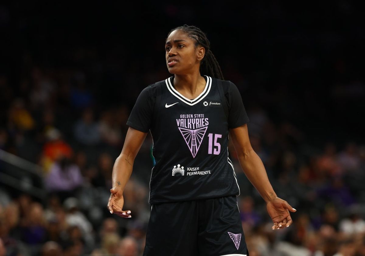 May 11, 2025; Phoenix, AZ, USA; Golden State Valkyries guard Tiffany Hayes (15) against the Phoenix Mercury during a preseason game at PHX Arena. Mandatory Credit: Mark J. Rebilas-Imagn Images