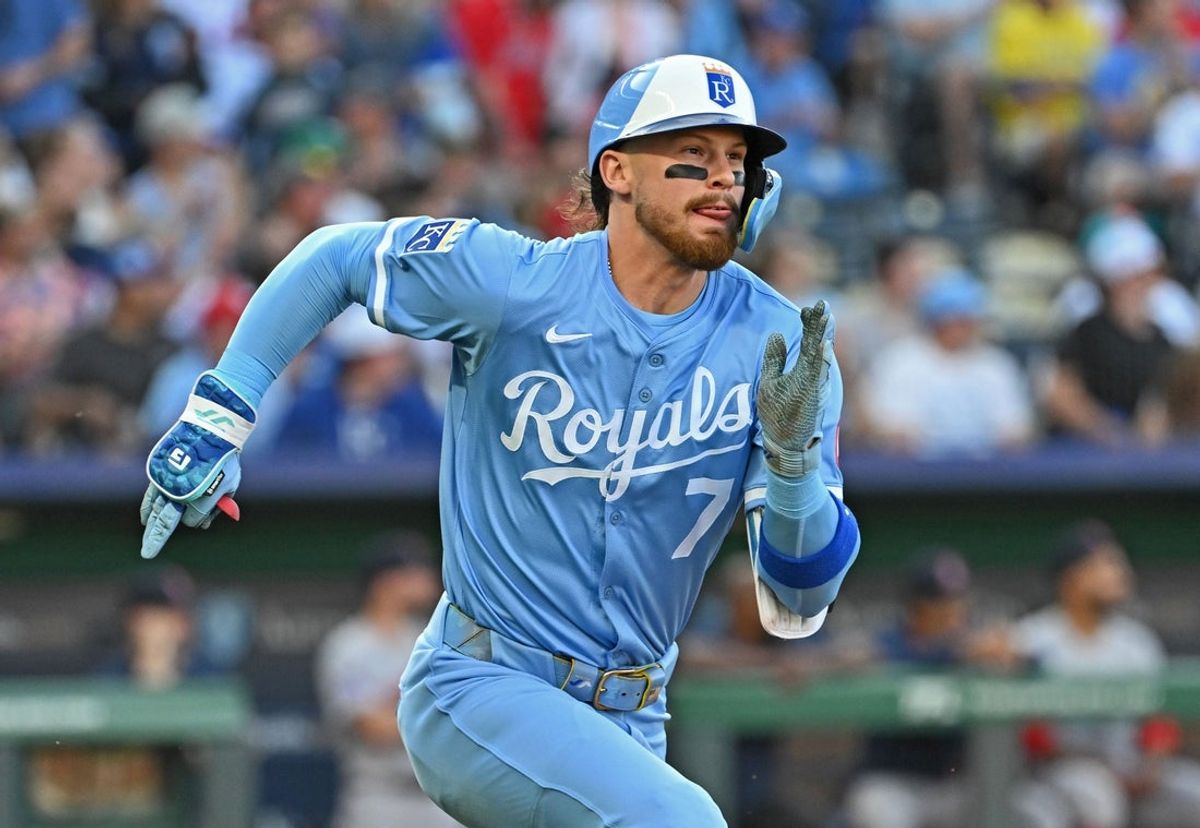 May 10, 2025; Kansas City, Missouri, USA;  Kansas City Royals shortstop Bobby Witt Jr. (7) runs up the first baseline after hitting a double in the first inning against the Boston Red Sox at Kauffman Stadium. Mandatory Credit: Peter Aiken-Imagn Images