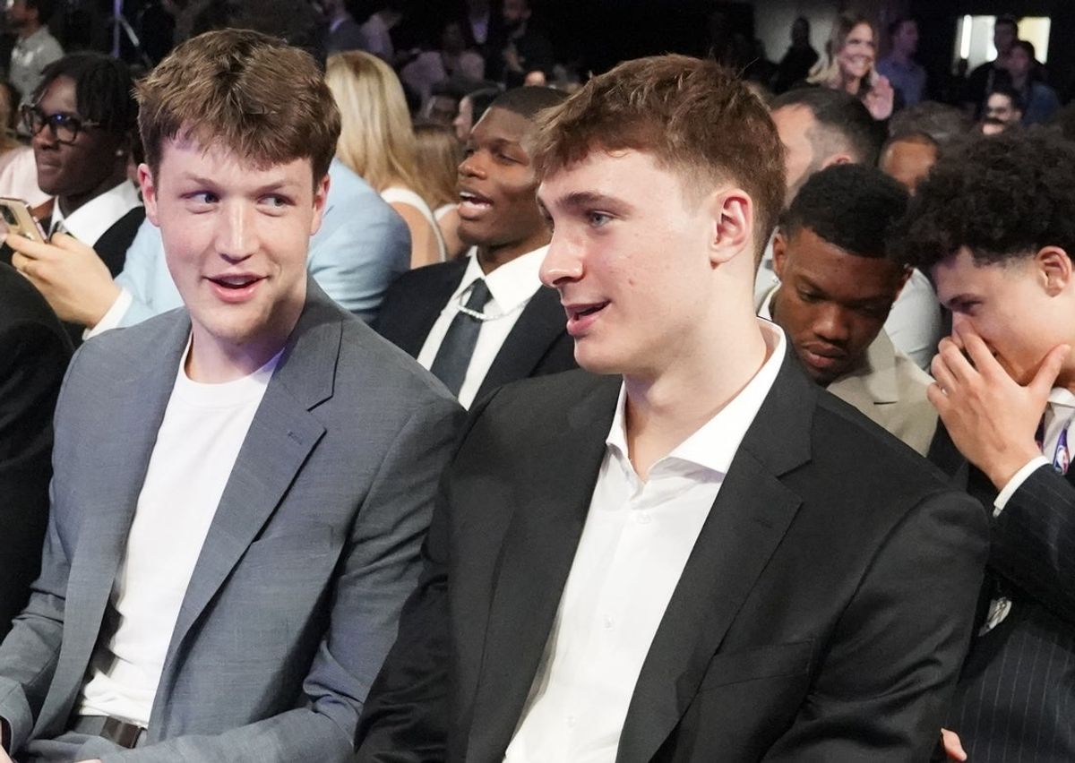 May 12, 2025; Chicago, Illinois, US; Duke players L-R Kon Knueppel and Cooper Flagg, during the 2025 NBA Draft Lottery at McCormick Place. Mandatory Credit: David Banks-Imagn Images