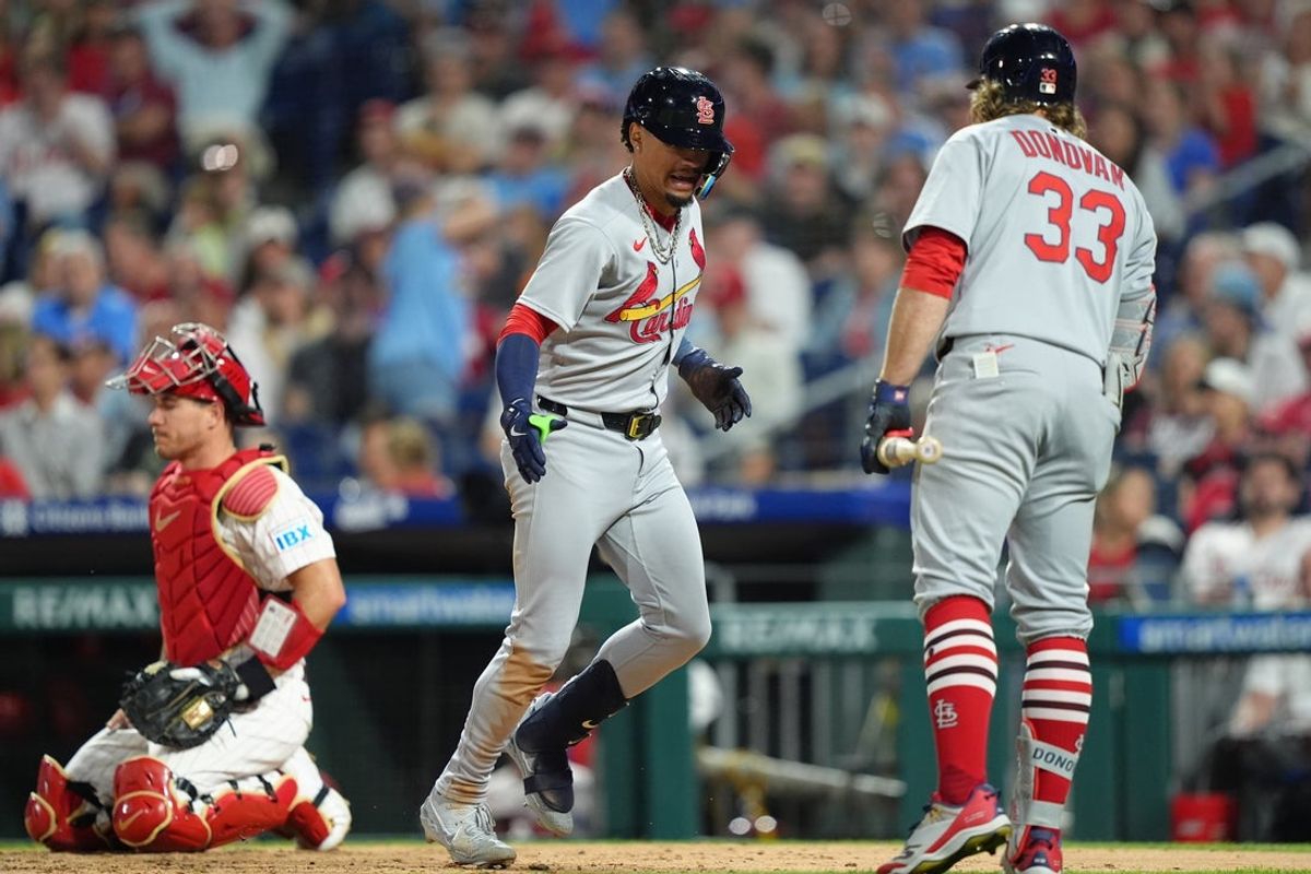 May 12, 2025; Philadelphia, Pennsylvania, USA; St. Louis Cardinals infielder Masyn Winn (0) reacts after hitting a home run against the Philadelphia Phillies in the seventh inning at Citizens Bank Park. Mandatory Credit: Kyle Ross-Imagn Images