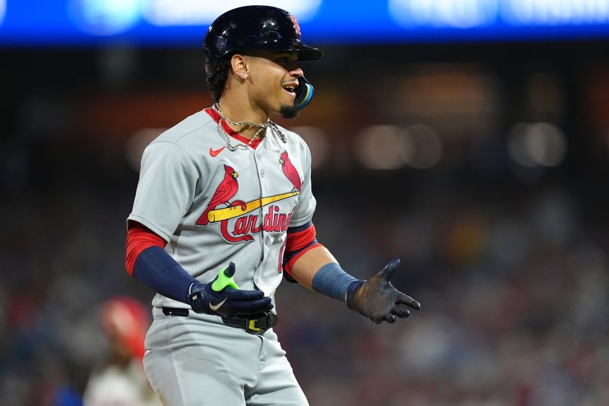 May 12, 2025; Philadelphia, Pennsylvania, USA; St. Louis Cardinals infielder Masyn Winn (0) reacts after hitting a home run against the Philadelphia Phillies in the seventh inning at Citizens Bank Park. Mandatory Credit: Kyle Ross-Imagn Images