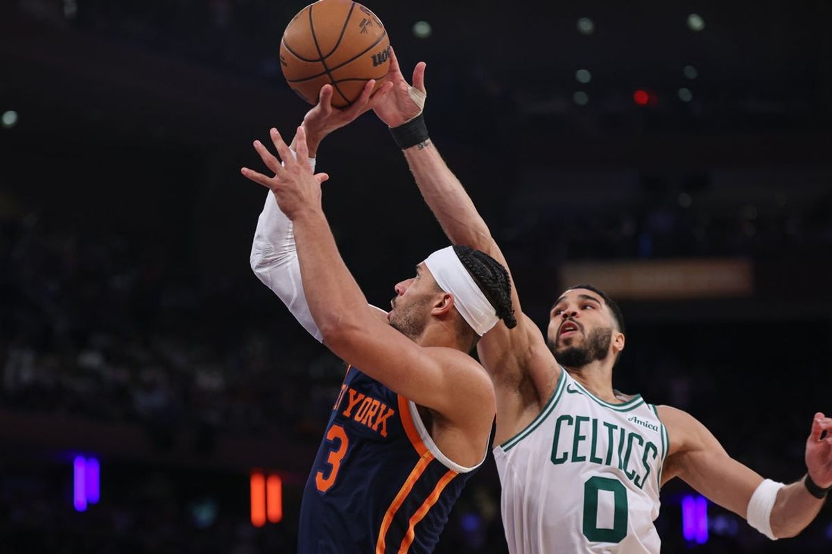 May 12, 2025; New York, New York, USA; Boston Celtics forward Jayson Tatum (0) blocks a shot by New York Knicks guard Josh Hart (3) in the first half during game four of the second round for the 2025 NBA Playoffs at Madison Square Garden. Mandatory Credit: Vincent Carchietta-Imagn Images