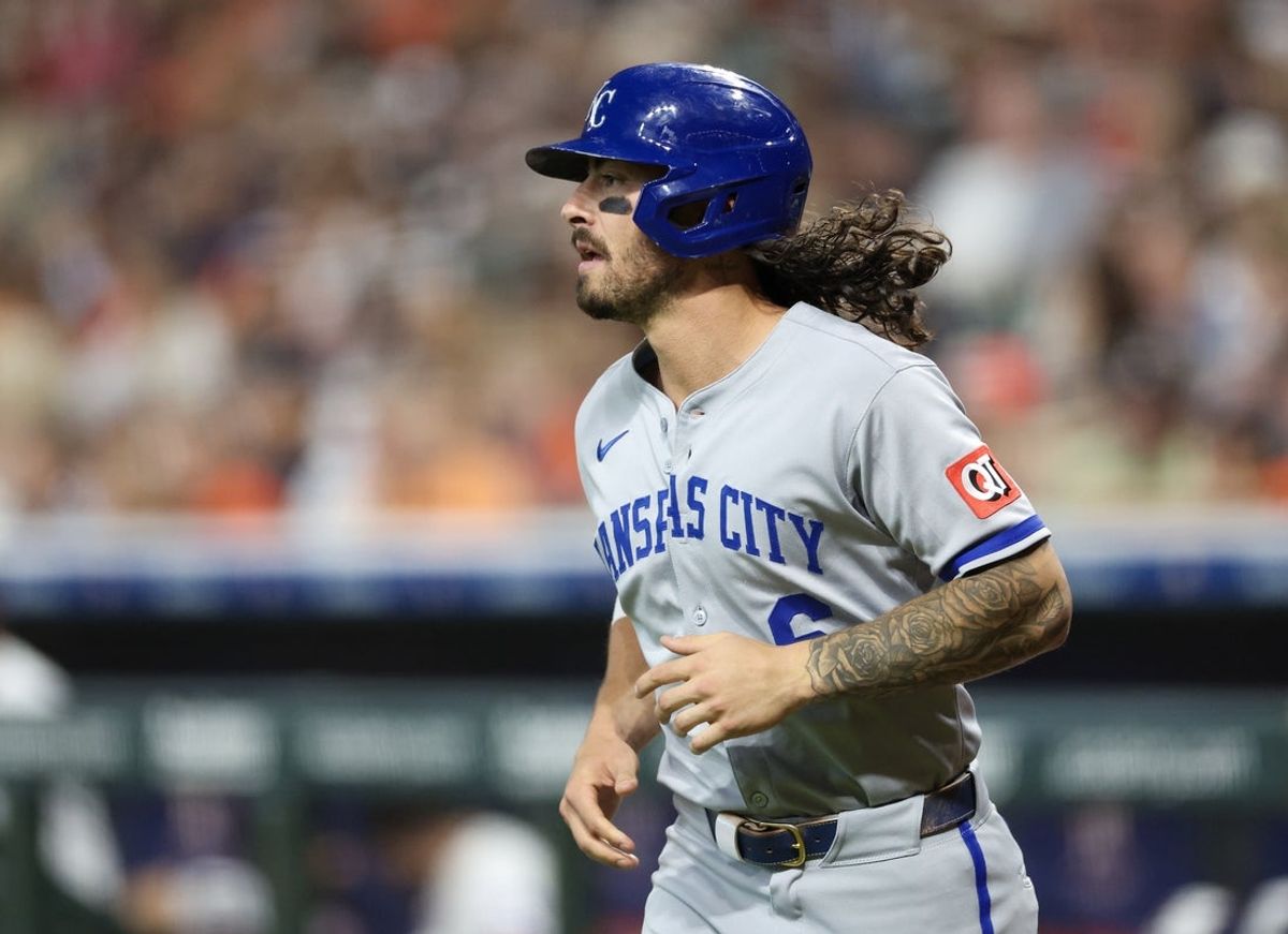 May 12, 2025; Houston, Texas, USA; Kansas City Royals third baseman Jonathan India (6) scores against the Houston Astros in the second inning at Daikin Park. Mandatory Credit: Thomas Shea-Imagn Images