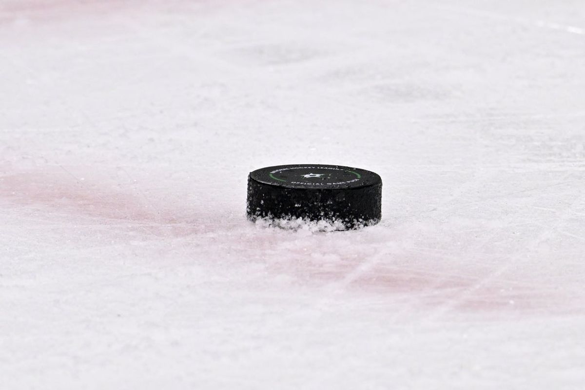May 11, 2025; Dallas, Texas, USA; A view of an NHL puck with logo during the game between the Dallas Stars and the Winnipeg Jets in game three of the second round of the 2025 Stanley Cup Playoffs at American Airlines Center. Mandatory Credit: Jerome Miron-Imagn Images