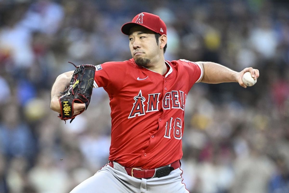 May 12, 2025; San Diego, California, USA; Los Angeles Angels starting pitcher Yusei Kikuchi (16) delivers during the second inning against the San Diego Padres at Petco Park. Mandatory Credit: Denis Poroy-Imagn Images