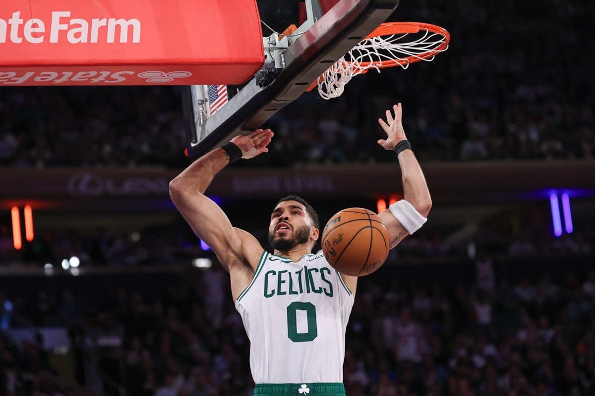 May 12, 2025; New York, New York, USA; Boston Celtics forward Jayson Tatum (0) dunks the ball in the second half during game four of the second round for the 2025 NBA Playoffs against the New York Knicks at Madison Square Garden. Mandatory Credit: Vincent Carchietta-Imagn Images