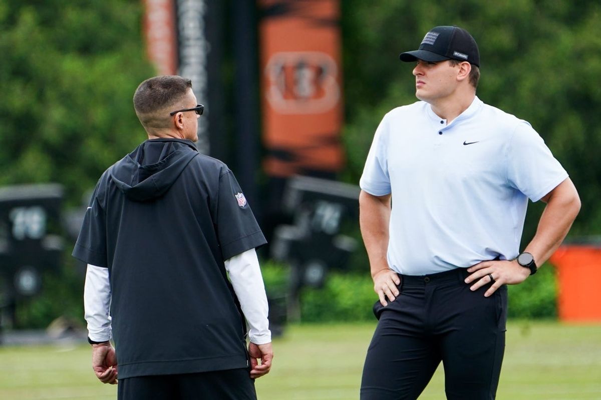 Cincinnati Bengals Trey Hendrickson makes an appearance at practice, Tuesday, May 13, 2025, at Kettering Health Practice Fields in Downtown Cincinnati.