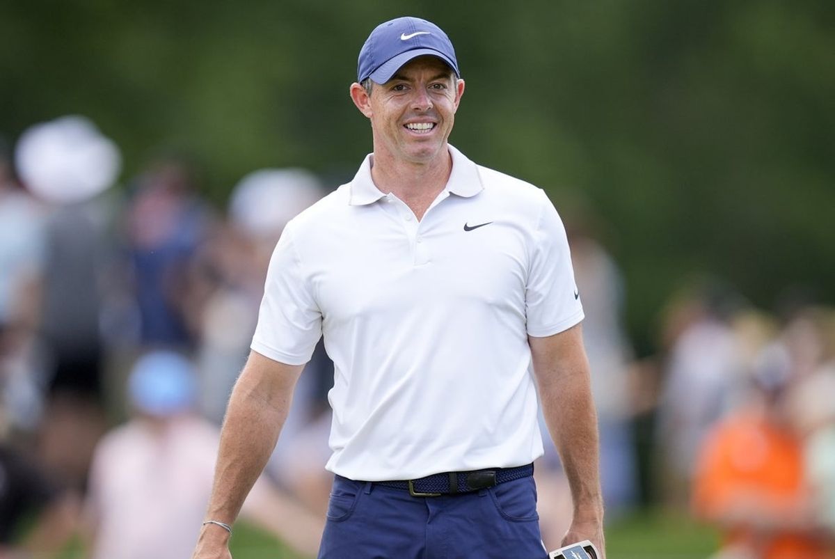 May 13, 2025; Charlotte, North Carolina, USA; Rory McIlroy on five green during a practice round for the PGA Championship golf tournament at Quail Hollow. Mandatory Credit: Jim Dedmon-Imagn Images