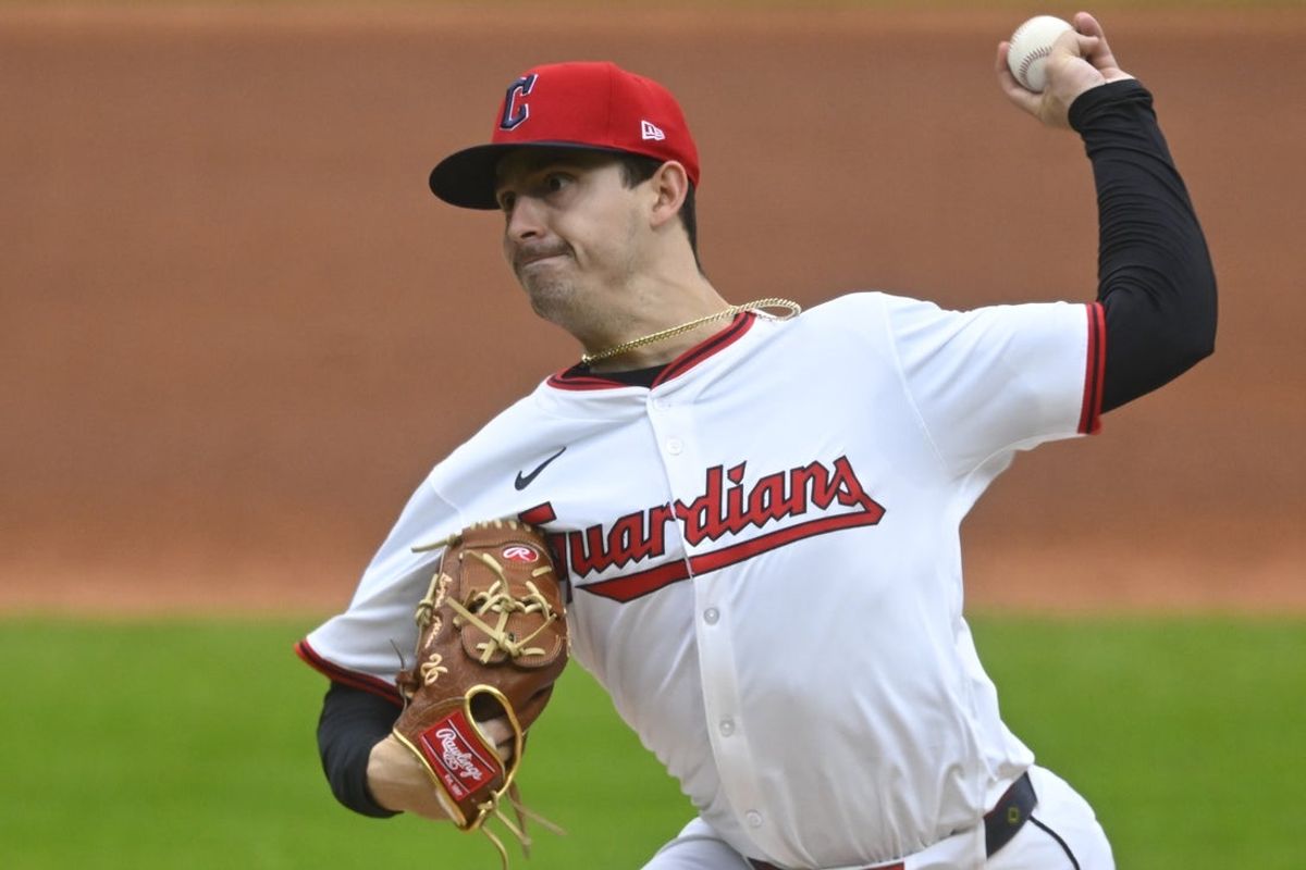 May 13, 2025; Cleveland, Ohio, USA; Cleveland Guardians starting pitcher Logan Allen (26) delivers a pitch in the first inning against the Milwaukee Brewers at Progressive Field. Mandatory Credit: David Richard-Imagn Images