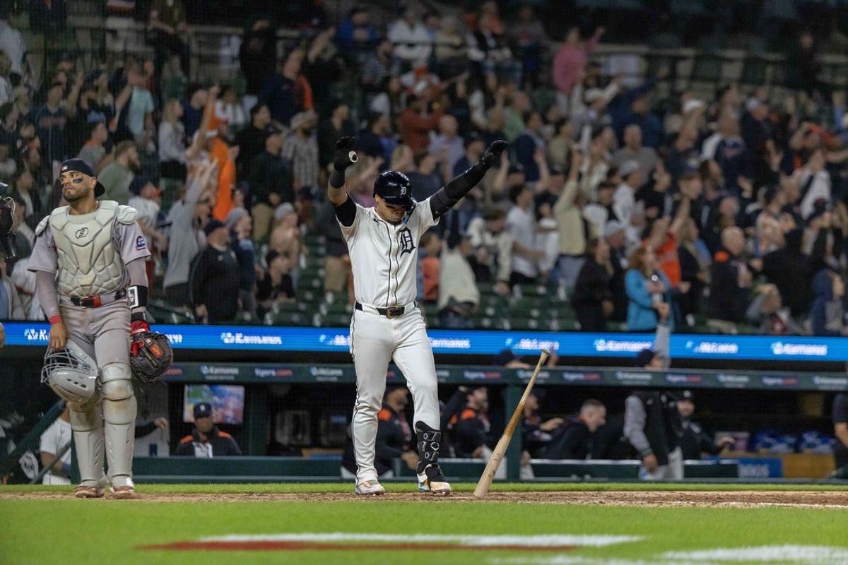 May 13, 2025; Detroit, Michigan, USA; Detroit Tigers third base Javier Báez (28) reacts after hitting the game winning walk off home run in the eleventh inning off of Boston Red Sox pitcher Greg Weissert (57) (not pictured) at Comerica Park. Mandatory Credit: David Reginek-Imagn Images