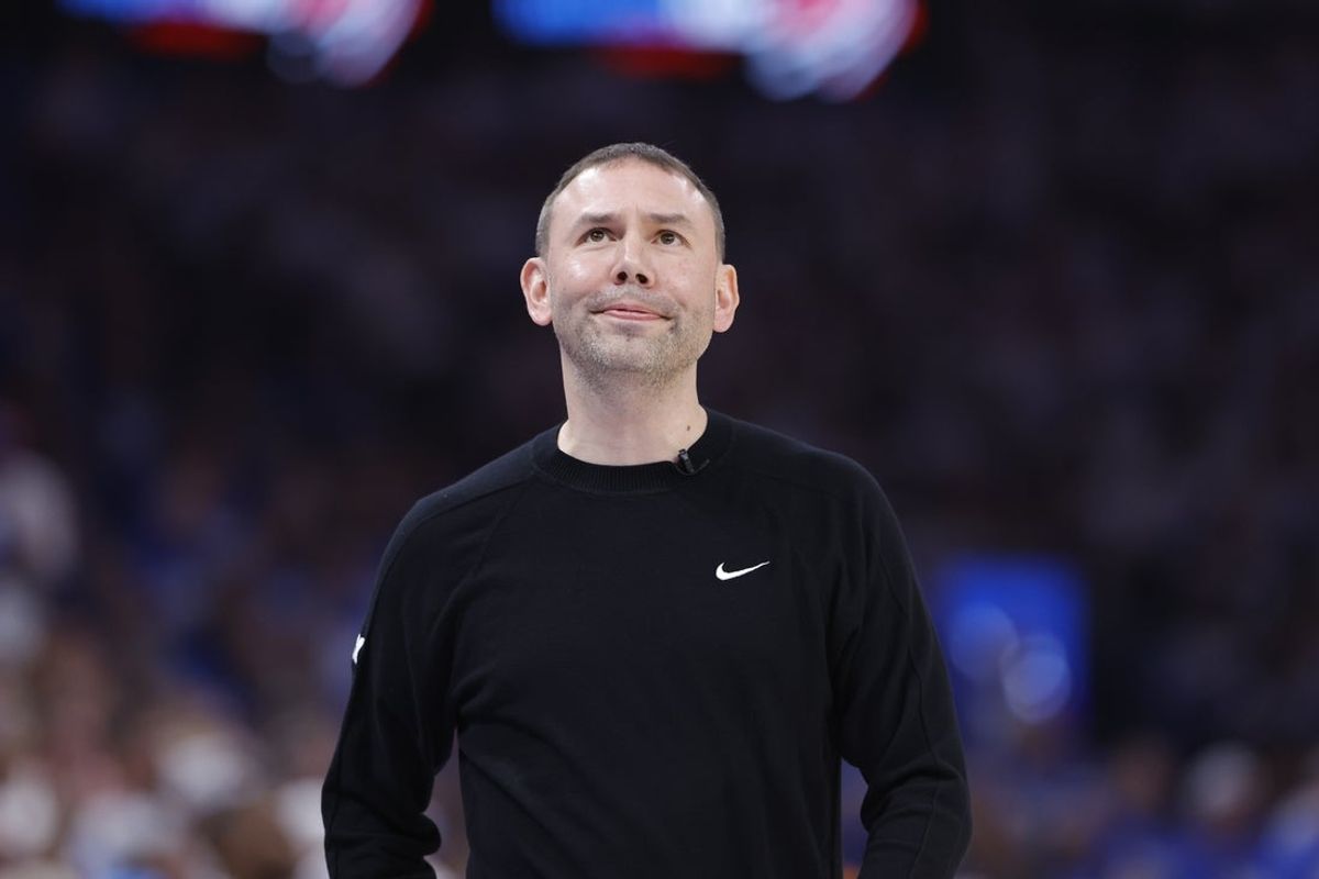 May 13, 2025; Oklahoma City, Oklahoma, USA; Denver Nuggets head coach David Adelman looks at the score against the Oklahoma City Thunder during the second quarter of game five of the second round for the 2025 NBA Playoffs at Paycom Center. Mandatory Credit: Alonzo Adams-Imagn Images