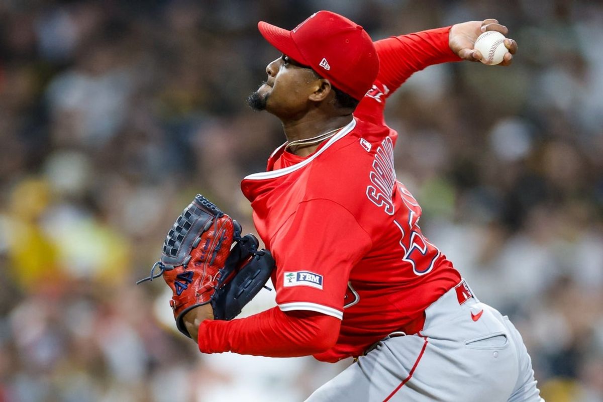 May 13, 2025; San Diego, California, USA; Los Angeles Angels starting pitcher Jose Soriano (59) throws a pitch during the fifth inning against the San Diego Padres at Petco Park. Mandatory Credit: David Frerker-Imagn Images