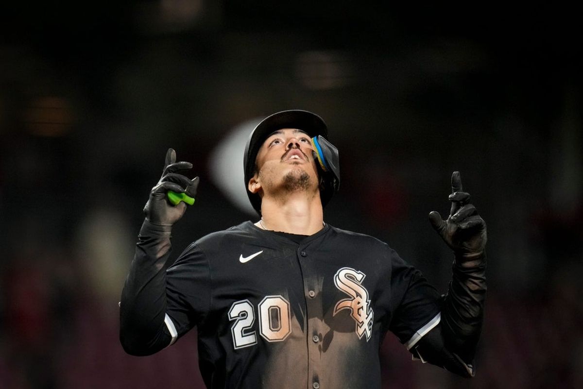 Chicago White Sox third baseman Miguel Vargas (20) celebrates his three-run home run in the 10th inning of the MLB interleague game between the Cincinnati Reds and the Chicago White Sox at Great American Ball Park in Cincinnati on Tuesday, May 13, 2025. The Reds lost 5-1 in 10 innings.
