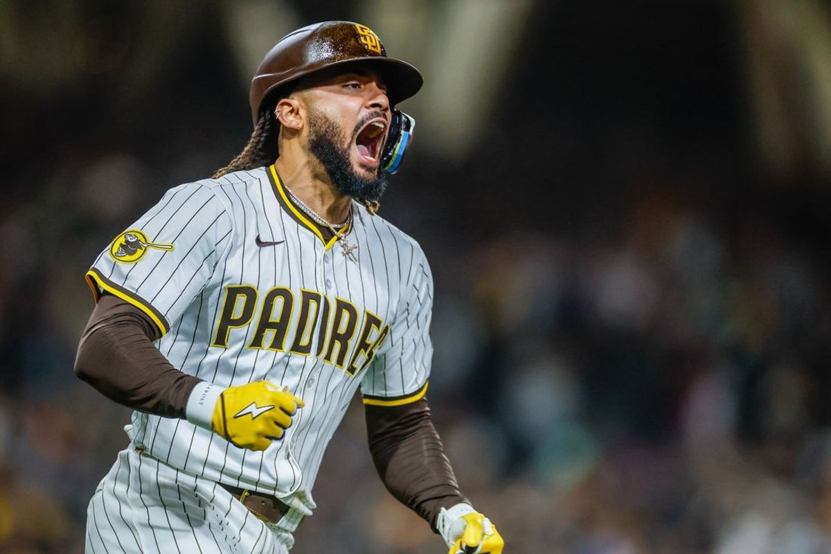 May 13, 2025; San Diego, California, USA; San Diego Padres right fielder Fernando Tatis Jr. (23) celebrates after hitting a walk-off two run home run during the ninth inning against the Los Angeles Angels at Petco Park. Mandatory Credit: David Frerker-Imagn Images