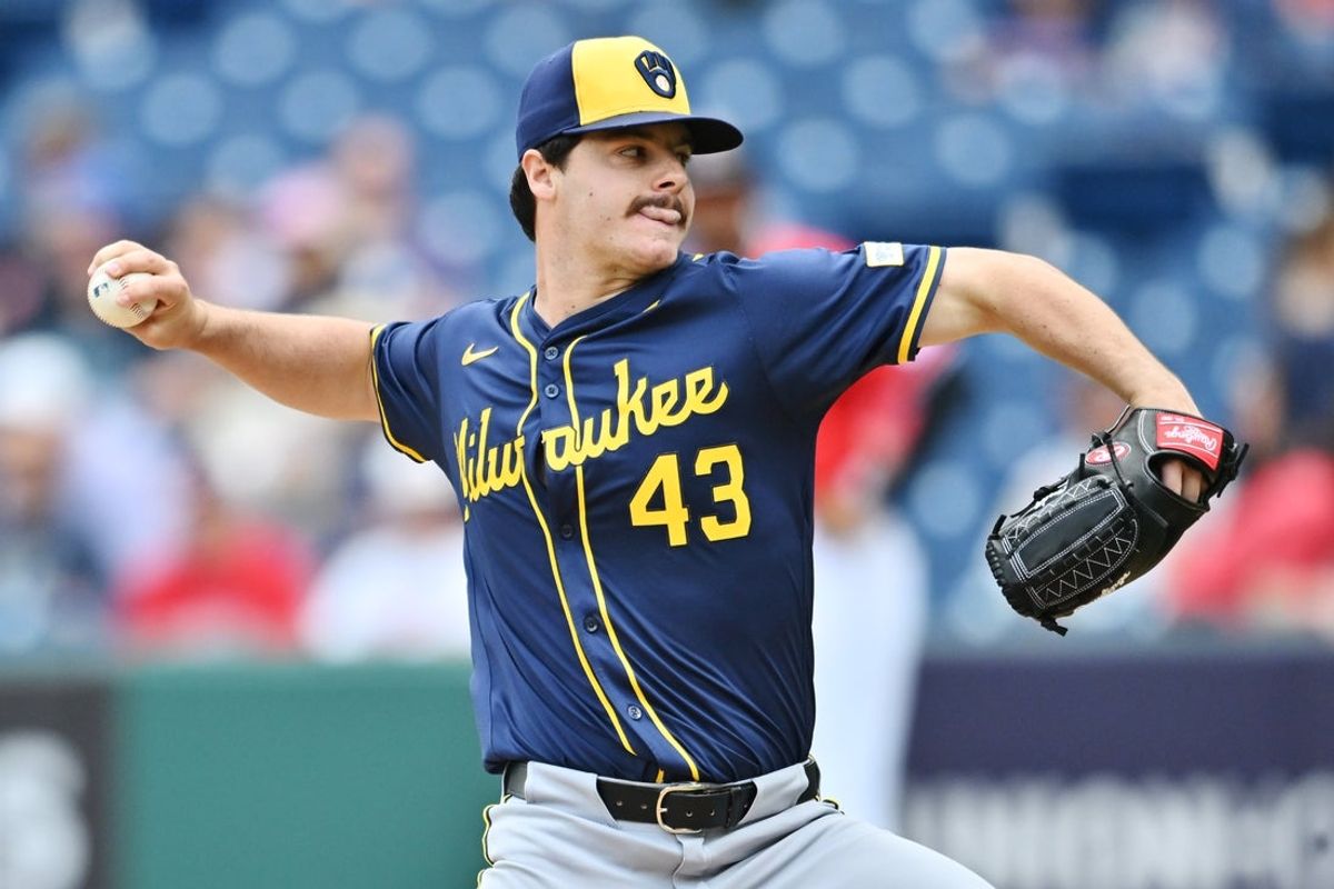 May 14, 2025; Cleveland, Ohio, USA; Milwaukee Brewers starting pitcher Logan Henderson (43) throws a pitch during the first inning against the Cleveland Guardians at Progressive Field. Mandatory Credit: Ken Blaze-Imagn Images