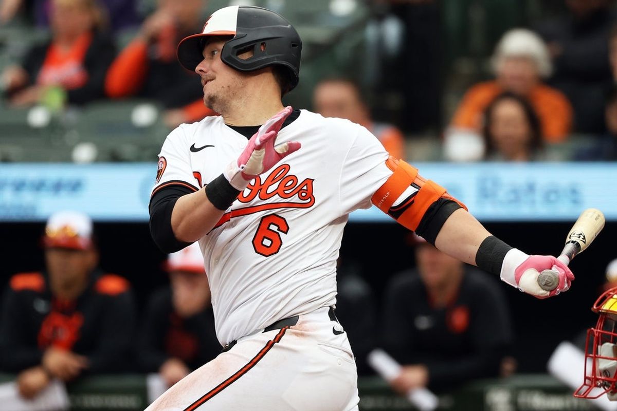 May 14, 2025; Baltimore, Maryland, USA; Baltimore Orioles first baseman Ryan Mountcastle (6) reaches first base on a fielding error by Minnesota Twins third baseman Brooks Lee (not pictured) during the seventh inning at Oriole Park at Camden Yards. Mandatory Credit: Daniel Kucin Jr.-Imagn Images