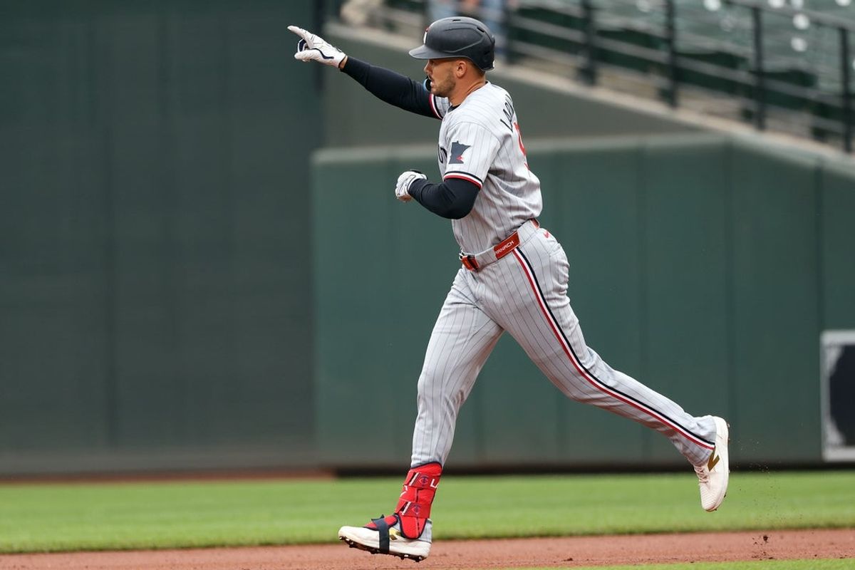 May 14, 2025; Baltimore, Maryland, USA; Minnesota Twins outfielder Trevor Larnach (9) celebrates after hitting a home run during the second inning against the Baltimore Orioles at Oriole Park at Camden Yards. Mandatory Credit: Daniel Kucin Jr.-Imagn Images