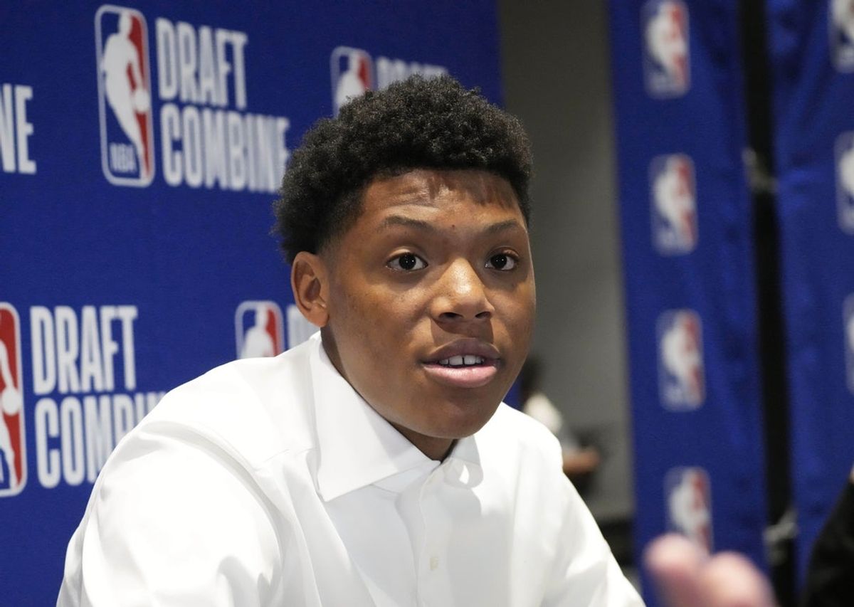 Ace Bailey talks to the media during the 2025 NBA Draft Combine at Marriott Marquis Chicago. Mandatory Credit: David Banks-Imagn Images