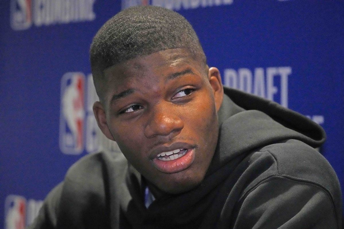 May 14, 2025; Chicago, Il, USA; Cedric Coward talks to the media during the 2025 NBA Draft Combine at Marriott Marquis Chicago. Mandatory Credit: David Banks-Imagn Images