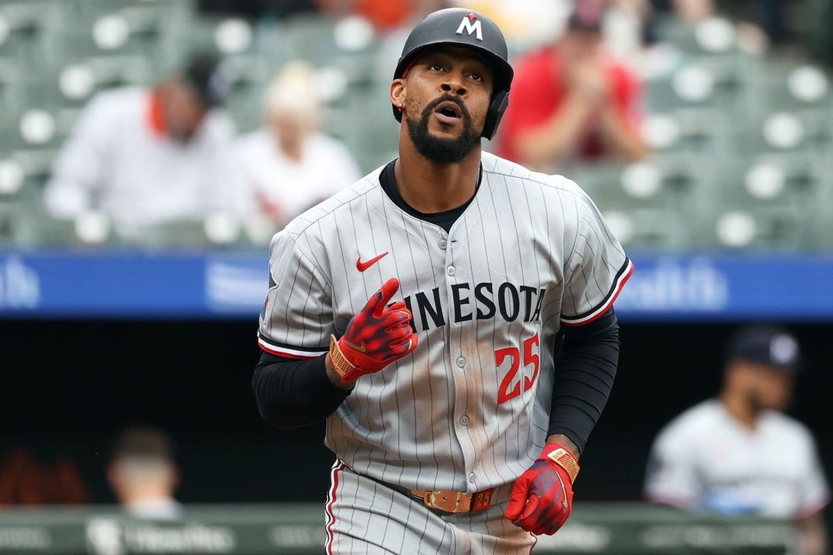 May 14, 2025; Baltimore, Maryland, USA; Minnesota Twins outfielder Byron Buxton (25) celebrates during the fourth inning against the Baltimore Orioles at Oriole Park at Camden Yards. Mandatory Credit: Daniel Kucin Jr.-Imagn Images