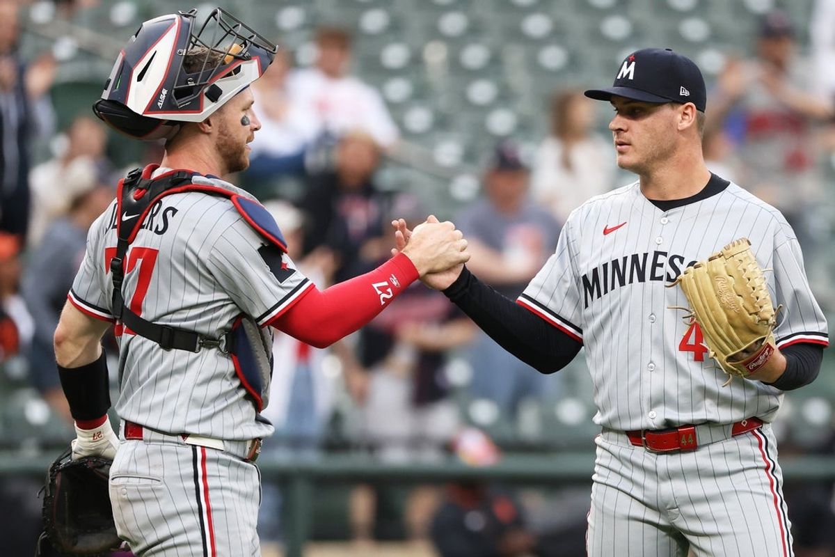 May 14, 2025; Baltimore, Maryland, USA; Minnesota Twins pitcher Cole Sands (44) celebrates with Minnesota Twins catcher Ryan Jeffers (27) after a game against the Baltimore Orioles at Oriole Park at Camden Yards. Mandatory Credit: Daniel Kucin Jr.-Imagn Images